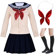 Japanese School Girls Short Sleeve Uniform Sailor Navy Blue Pleated Skirt Anime Cosplay Costumes wit