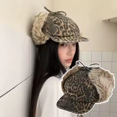 Warm Leopard Print Plush Baseball Hat Corduroy Thickened Bomber Hats Velvet Short Brim Ear Protectio