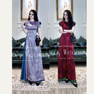 LEOSWEARING Ao Dai Set Brocade shirt with round neck and hem, purple short sleeves with flowers and 