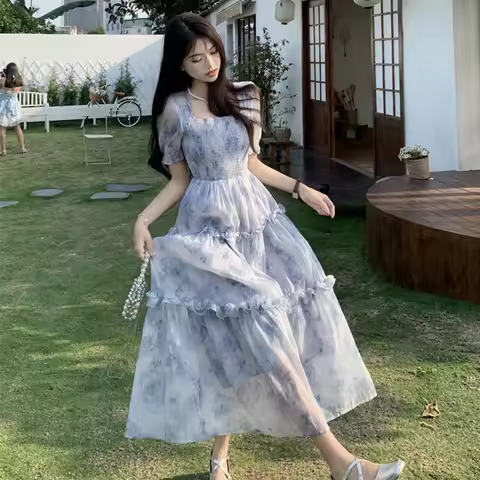 Women Dreamy Purple Ink Wash Floral Maxi Dress Lady Elegant Puff Sleeve Organza Hem Dress Female Rom