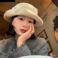 MXFASHION Hepburn Style Topper Hat, French Style Woolen Black Felt Hat, Retro Flat-top Wide Brim Bei