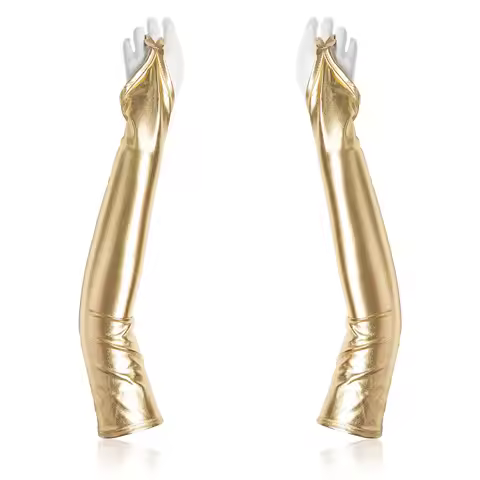 Pair Women Ladies Long Shinny Leather Coated Gloves Big Sleeve Lantern Sleeve Emulation Bright Femal