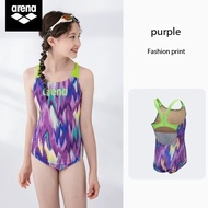 Arena ชุดว่ายน้ำสำหรับเด็กผู้หญิงชุดว่ายน้ำสามเหลี่ยมแขนกุดชิ้นเดียวสำหรับฝึกแข่งรถแห้งเร็วกลางใหญ่