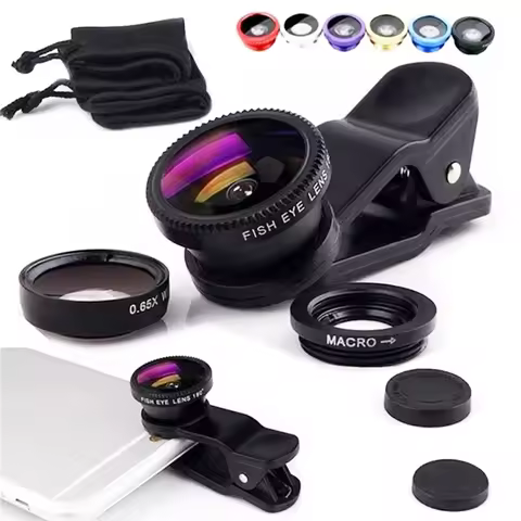 3in1 Fisheye Wide Angle Micro Camera Lens for iPhone Xiaomi Redmi 3IN1 Zoom Fish Eye Len on Smartpho