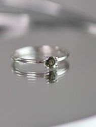 捷克隕石Moldavite鑽切S925銀四爪鑲戒指 能量之王 靈性之石