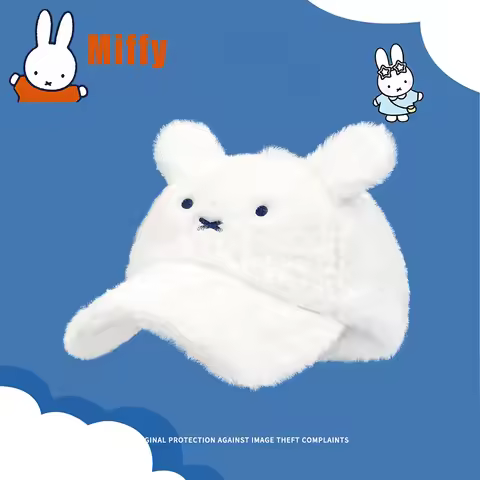 Kawaii Miffy Plush Baseball Cap Cute Rabbit Ear Warm Winter Hat Fluffy Duckbill Cap Outdoor Headwear