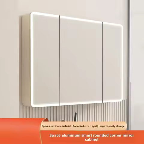 22 * 24 Inch Multifunctional Arc Angle Bathroom Mirror Cabinet Aluminum Alloy Storage Mirror Table S