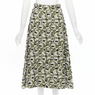 BALENCIAGA 2015 grey green black fringe embellishment white floral midi skirt FR36 S