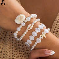 4 Pcs Bohemian Beach Vacation Ocean Themed Beaded Bracelet Set Shell Starfish Pearl Stackable Bangle