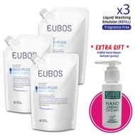 EUBOS Liquid Blue Washing Emulsion (Body Wash)  Refill Pack x3 3 Bottles FREE Hand Cream Sample