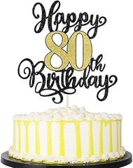 PALASASA Black Gold Happy 80th Birthday Cake Topper- Glitter Cheers to 80 Years Birthday Cake Pick 8