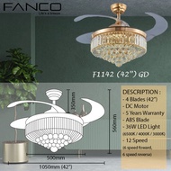 FANCO RETRACTABLE CHANDELIER CEILING FAN F1142 GD/CH F1122 CH/GM 42 INCH Ceiling Fan