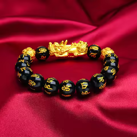 24K Gold Lucky Pixiu Men's Bracelet, Couple AU999 - Pixiu Biting Coins + Beads Refraction, Wealthy C