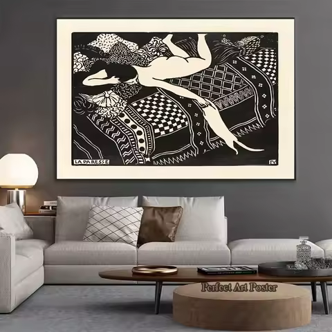 Wall Art Vintage Poster Print La Paresse Felix Vallotton Laziness Black and White Woman Cat Antique 