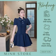 Office dress designed with puff sleeves and shirt collar, luxurious historical dress Minh shop