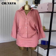 Cm.yaya Women's Fashion Long Sleeve Turn-Down Collar T-Shirt And Skirt Shorts 2025 Chic 2 Pieces