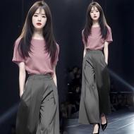 High-End Fashion Temperament Suit Ladies Round Neck Short-Sleeved T-Shirt High Waist Wide-Leg Pants 