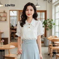 (trendy3)Lovito Casual Blouse Button Lettuce Trim Leisure Spring/summer White Blouse for Women L143E