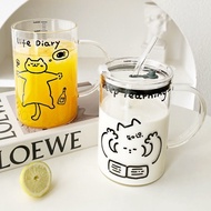 D0603-Cartoon Cat Glass Large Capacity 1,000ml High Temperature Resistant Straw Cup with Handle Milk