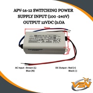 APV-16-12 SWITCHING POWER SUPPLY INPUT (100 -240V) OUTPUT (12VDC (3.OA))