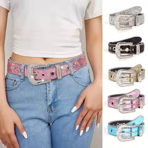 Glamorous New Goth Rhinestone PU Leather Belts - Unisex Fashion for Jeans with Western Cowboy Y2K Ed