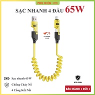 XO 4in1 charging cable, 65W 4-lead fast charging cable - Metal cable spring charging cable. Phone ch