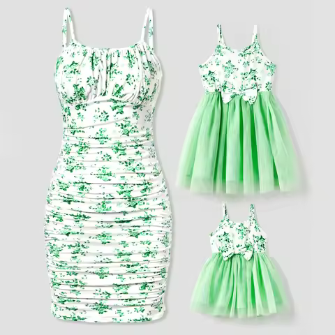 PatPat Mommy and Me Green Floral Ruched Bodycon Strap Dress or Spliced Mesh Strap Dress Suitable for