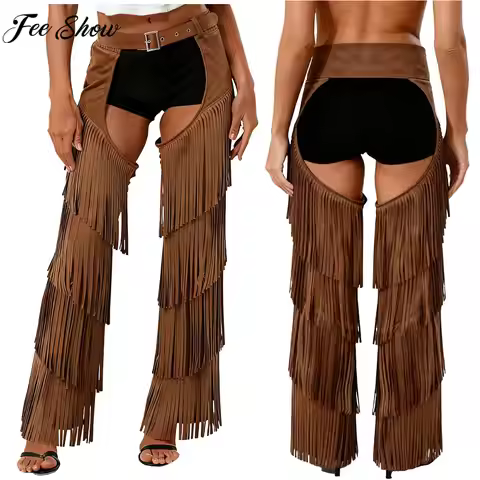 Women Western Cowgirl Cosplay Costume Adjustable Buckle Open Crotch Fringe Retro Chaps Pants for Hal