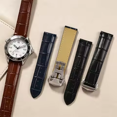 19/20/21/22mm Qucik Release Leather Strap For Omega Speedmaster De Ville Folding Buckle Band Black B