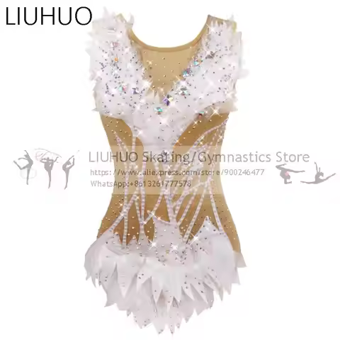 Rhythmic Gymnastics Leotards Girls Women White Feather Diamonds Competition Ice Skating Artistic Bal