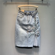 Heavy Craft Embroidery Flower Skirt Denim Skirt Light Blue Split Skirt Women Skirt Denim Skirt