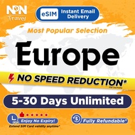 Europe eSIM Ultra 5-30Days Daily 1-3GB Unlimited Data | Instant Email Delivery | High Speed Travel Data Europe SIM Card