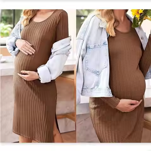 Fashionable Street Maternity Dress Rib Knit Design 3D Tailored For Comfort And Trendy Look During Pr