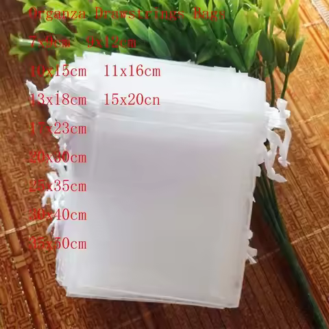 100 pcs/Lot White Organza Drawstrings Bags 7x9 9x12 10x15 13x18 15x20 20x30 30x40 35x50 cm Jewelry G