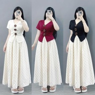 Set bigsize tiểu thư ( có lẻ áo/váy) áo thun kiểu đính nơ tay ngắn phối váy dài chấm bi thanh lịch -