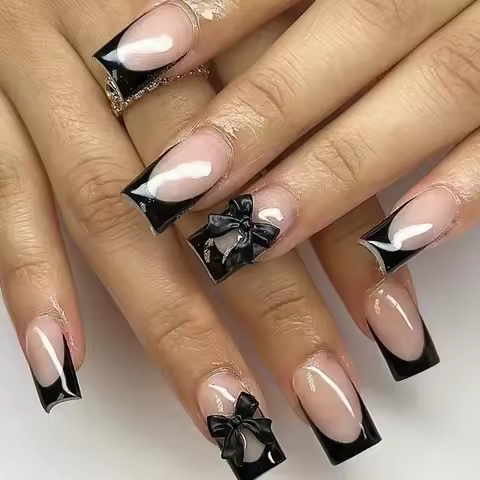 24pcs Press on Nails Short Almond Bowknot Black Press on Nails White Pearl Sweet French Tip Press on