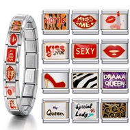 Y2K Sexy Lady Italian Charm Bracelet Stainless Steel Elastic Link Chain Kiss Lipstick High Heels Diy