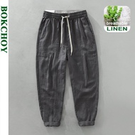2023 Summer New Pure Linen Thin Trousers for Men Breathable Vintage Streetwear Men Pants C3585