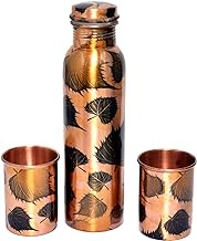 Eurasia Pure Copper Handmade Quality Set 1 Leaf Copper Bottle with 2 Copper Glass Tumbler 300 ML, Travel Use Water Bottle Ayurvedic Health Benefits