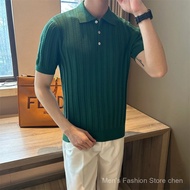 Knitted Fabric White Business Casual Striped Polo Shirt B662 MD4I