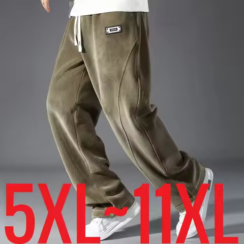 Big Size 11XL Men's Corduroy Pants High Waist Winter Trousers Male Fleece Elastic Straight Extra Plu