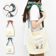 日本 Snoopy史努比 棉質大容量 刺繡蝴蝶結綁帶 托特包 購物袋 肩背包 媽媽包
