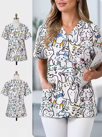 New Dental Print T-Shirt, Pet Clinic Multi-Pocket Women's Nursing Workwear, Veterinary Nursing Docto