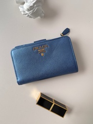 中古品 Prada 普拉達 Saffiano 十字紋皮革藍色短銀包