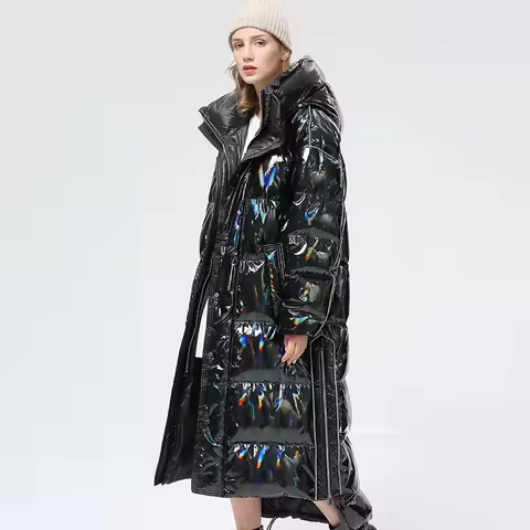 -30 degrees Waterproof Thick Winter Super Long Down Coat Women Puffer Jacket Shiny Laser 90% White D