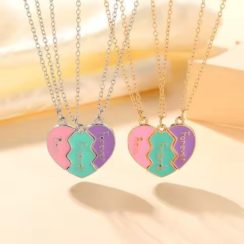 3Pcs/Set Best Friends Forever Broken Heart Puzzle Pendant Necklace Pink Green Purple Colors Enamel B