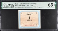 PMG 評級 意大利 1943 Allied Military Currency 1 Lira