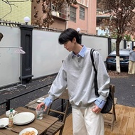 Two-tone Spliced Shirt-collar Sweatshirt for Men and Women Autumn Long-sleeve Turn-down Collar Loose