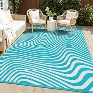 Vaukki Outdoor Patio Rug 5x8, Waterproof Woven Plastic Straw Camping Area Mat, Teal RV Striped Outsi