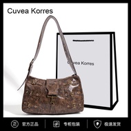 韩国女士大容量肩包 女士分隔式单肩包CuveaKorres复古大容量重金属朋克风做旧宽肩带单肩手提托特包YOyo Korean Ladies Large-Capacity Shoulder Bag L